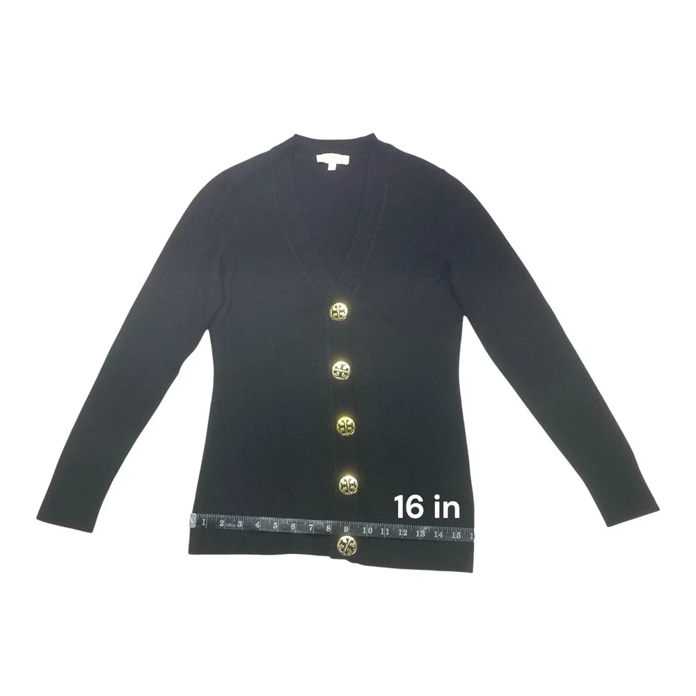 Tory Burch Simone Black Merino Wool Cardigan Sweater Gold Logo Buttons M